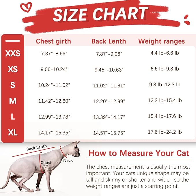 DENTRUN Heart Pattern Sphynx Hairless Cats Shirt, Kitten T-Shirts with Perlin Sleeves, Breathable Cat Wear Cute Sweater Adorable Hairless Cat's Clothes Vest Pajamas Jumpsuit