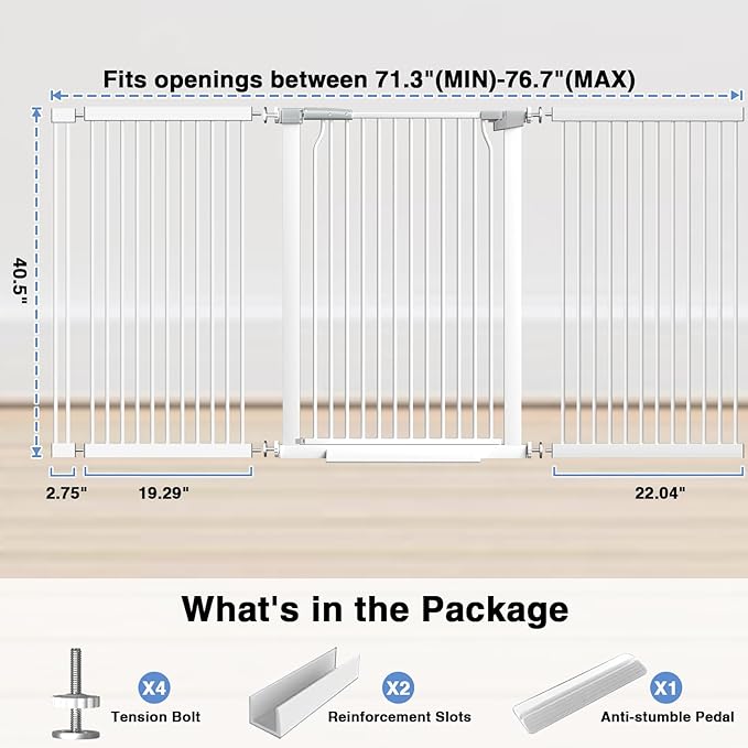40.55" Extra Tall Baby Gate for Stairs-71.3"-76.7" Wide 1.37" Ultra Narrow Spacing Extra Wide Pet Cat Gate Dog Gate-Auto-Close Pressure Mounted Dog Door for Pets and Kids,White