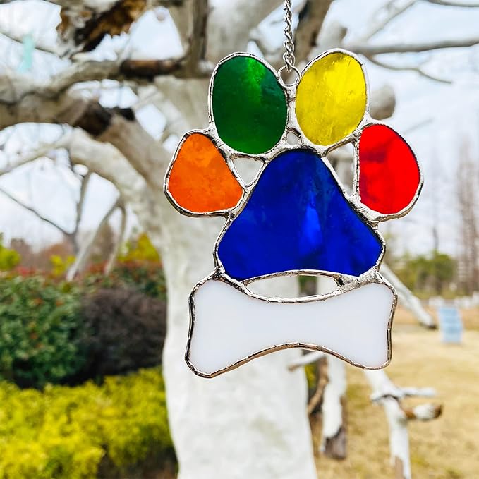 Rainbow Bridge Dog Memorial Gifts Suncatcher for Window, Stained Glass Window Hanging Pet Paw Print Ornament, Pet Memorial Gifts for Dogs & Cats Lovers, Dog Loss Sympathy Gift
