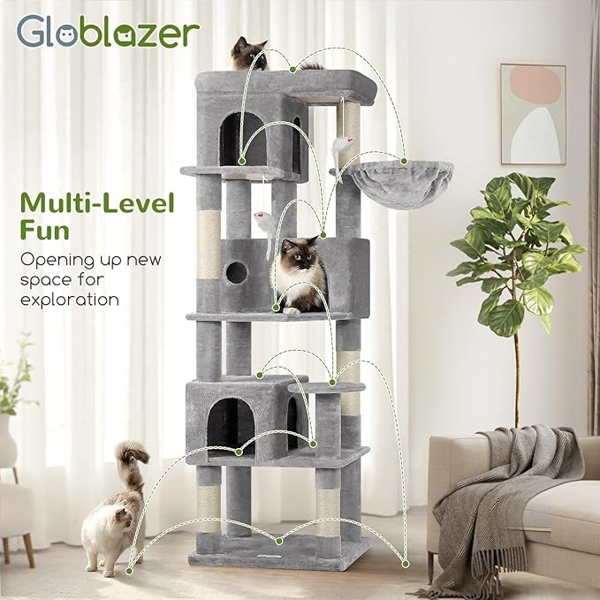 Globlazer Corner Cat Tree 66 inch Multi-Level Climbing Tower Kitty Condos Cat Scratching Tower for Indoor Multiple Cats with Large Platform, 3 Cat Caves, F66, Light Grey