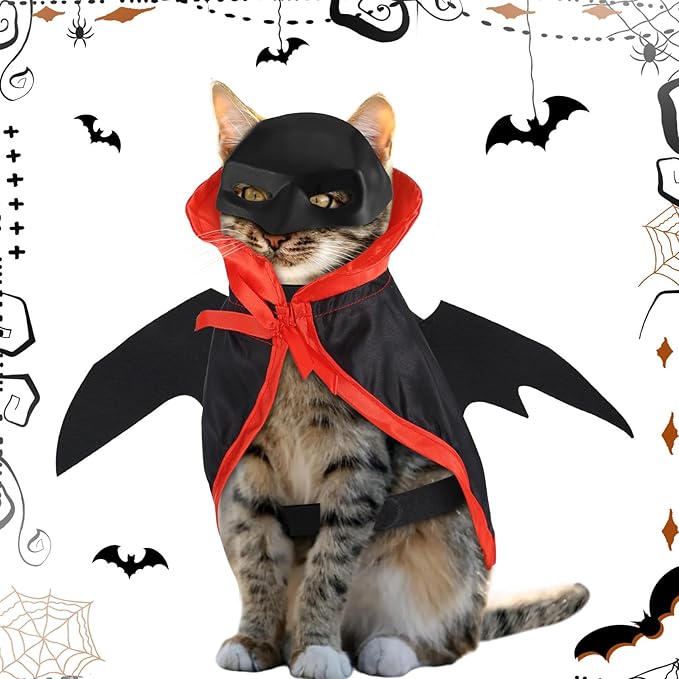 3 PCS Halloween Cat Costume Bat Mask Bat Wings Cloak Pet Costumes for Small Cats Kittens Cosplay Halloween Party Decoration Bat Cat Mask and Apparel Cats Dress Up Accessories