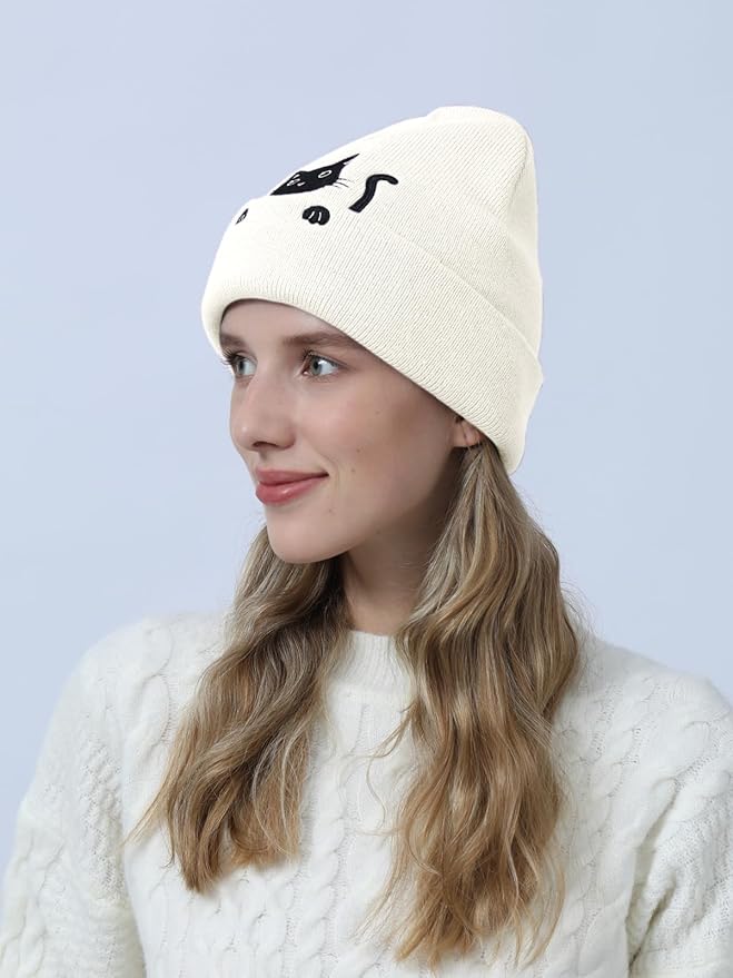 Women’s Cat Beanie Cute Cat Lover Gifts Animal Knitted Hats Christmas Stocking Stuffers for Women Girls