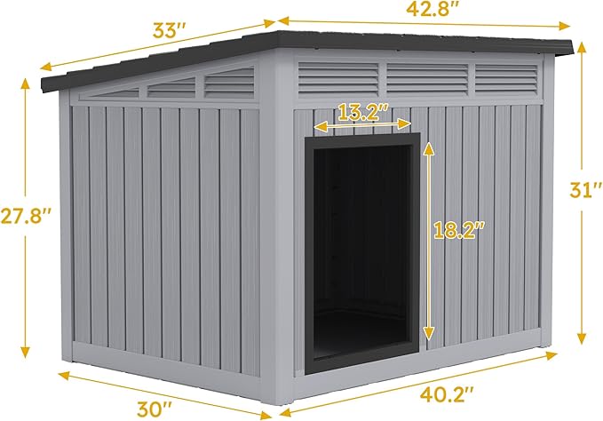 Large Chicken House Outdoor Indoor for Medium Large Dogs, Durable Plastic Waterproof Chicken House with Air Vents and Elevated Floor, Easy Clean and Assemble (Grey, 42.8" L x 33" W x 31.5" H)