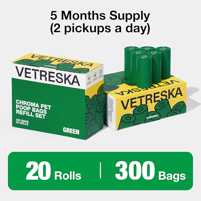 VETRESKA Dog Poop Bags, Leak Proof, Extra Thick and Large Pet Waste Bags for Dog Walking and Cat Litter, Citrus Bloom & Cedar Scented, 20 Refill Rolls, 300 Bags, Green