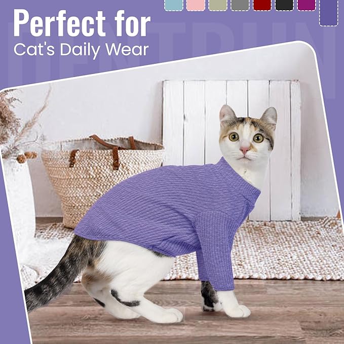 DENTRUN Sphynx Hairless Cats Shirt Pullover Kitten T-Shirts, Breathable Cat Wear Turtleneck Sweater Adorable Cat's Clothes Vest Pajamas Jumpsuit