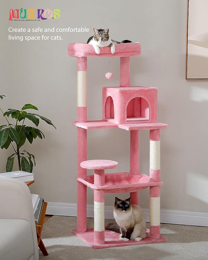 Cat Tree for Large Cats with Metal Plush Big Hammock, 56.3" Cat Tower for Indoor Cats with 2 Door Condo House, 6-Tier Cat Shelves with Scratching Posts and Large Top Perch, Pink