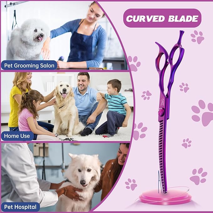 JASON 7" Ergonomic Curved Dog Scissors - Purple 440C Stainless Steel Grooming Scissors (28-Teeth, Down-Curved)