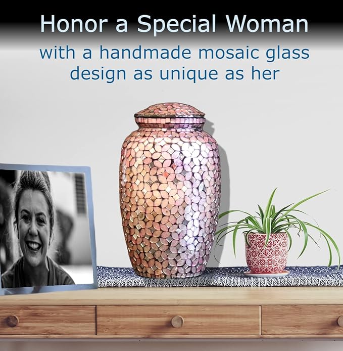 Liliane Memorials Mosaic Glass Cremation Urn - Hand Made Funeral Urn for Human Ashes - Large Adult Size - Pink, Mosaic Pattern - 200 cu in