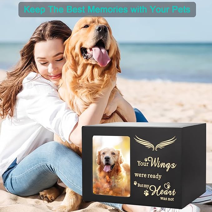 DGDCDV Large Pine Wood Pet Memorial Urns for Dog or Cat Ashes with Black Flannel Lining, Photo Frame, Wings Pattern, 140 Cubic Inches Capacity