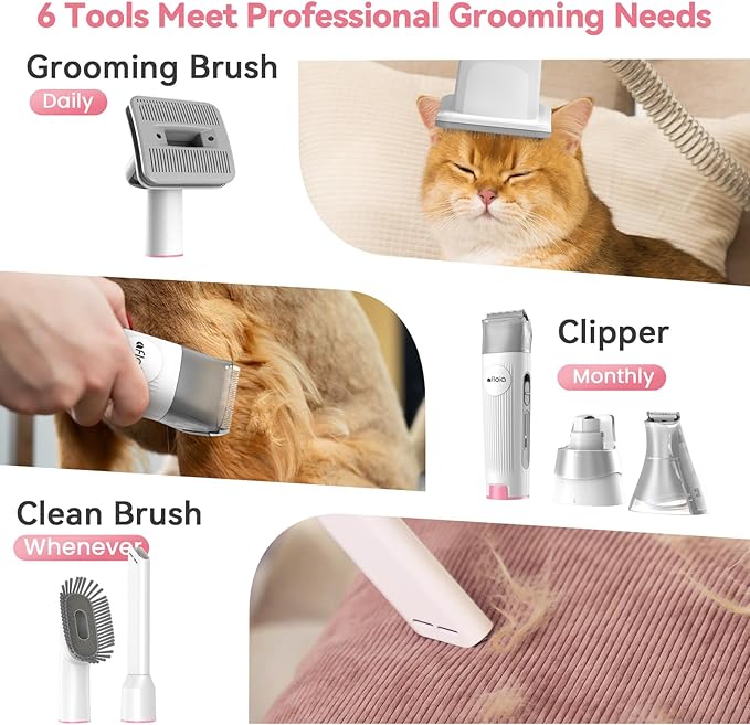 Afloia 6-in-1 Dog Grooming Kit, Pet Grooming Vacuum for Shedding, Dog Hair Vacuum with Clipper Nail Trimmer Grinder, Pet Brush Groomer at Home, Low Noise Cats Hair Remover, 1.5L Dust Cup, Pink