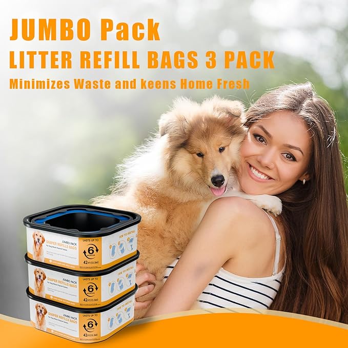 42FT Jumbo Square Refills Disposal Bags Refill Compatible with Pe.t Dogs Gen.ie Dog Waste Disposal System Pails, Up to 6 months of Supply,Ultimate Odor Control Dog Poop Bags, 3 Pack