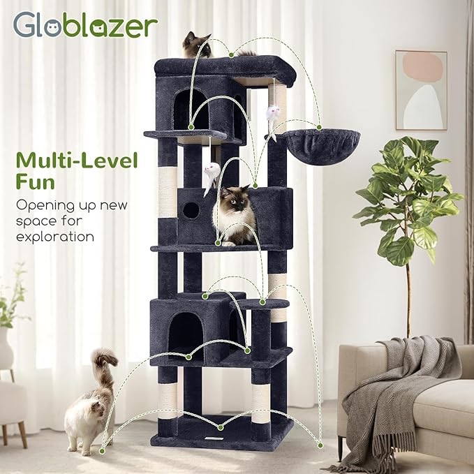 Globlazer Corner Cat Tree 66 inch Multi-Level Climbing Tower Kitty Condos Cat Scratching Tower for Indoor Multiple Cats with Large Platform, 3 Cat Caves, F66, Dark Grey