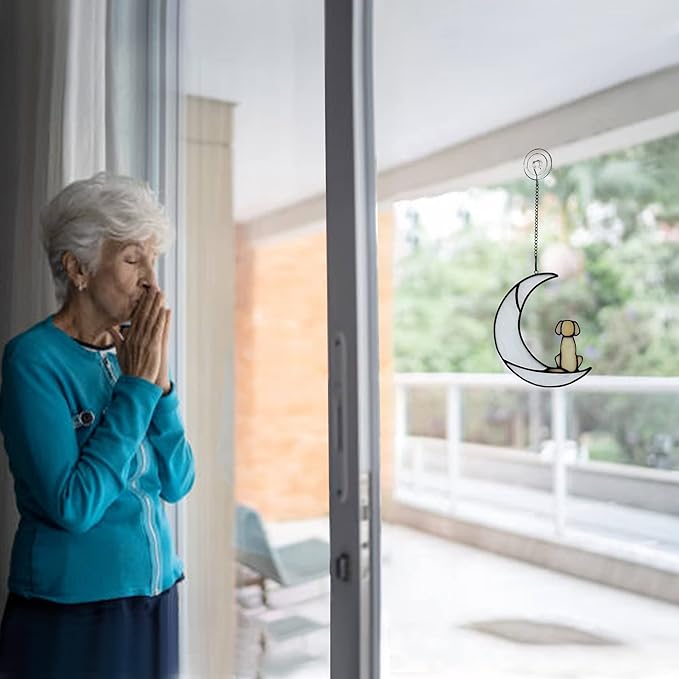 BOXCASA Loss of Dog Sympathy Gift,Stained Glass Dog on Moon for Suncatcher Gifts,Yellow Dog Memorial Gifts for Pet Loss Gifts,Pet Sympathy Gifts for Dogs,Pet Memorial Gifts