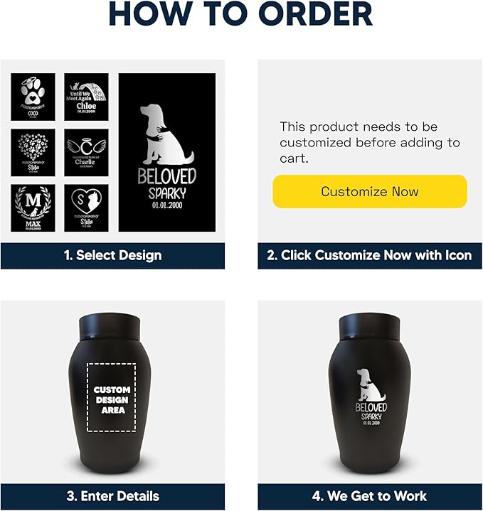 Personalized Custom Small Keepsake Urn Engraved with Pet Name, Date, and Dog Design - 5.2" Black Powder Coated Steel Cremation Urn for Dogs Ashes | 12-16 lb Capacity, Paw Prints on Hearts