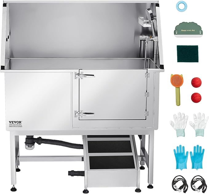 VEVOR Stainless Steel Dog Washing Station, 50 inch Pet Grooming Tub w/Ramp, PE Water Filter Board, Faucet & Showerhead & Soap Holder Dog Bathtub for Large & Medium & Small Pets (Right Door)