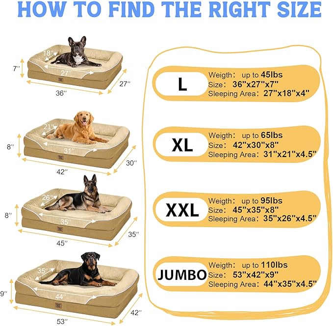 Washable Orthopedic Large Dog Bed -XL Large Dog Bed with Removable & Waterproof Cover Pet Beds with Foam Support for Big Size Dogs with Bolster