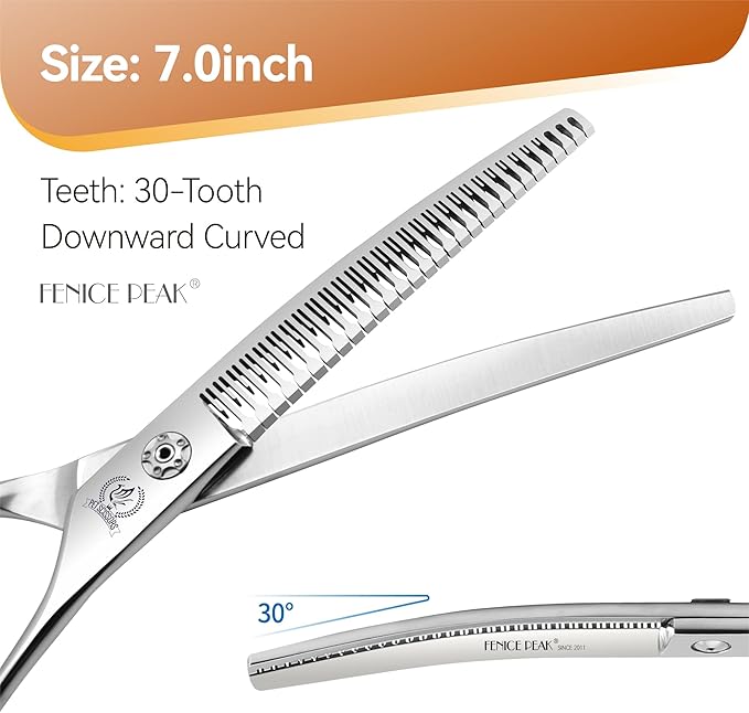 Fenice Peak 7.0 Curved Thinning Traceless Dog Grooming Scissors Japanese 440C Stainless Steel with Bearing Screws Smooth Cutting and Durable