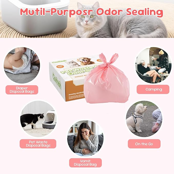 Odor-Sealing Dog Poop Bags with Handles, 100-Count Large Capacity (8L) Pet Waste Bag, Unscented Poop Bags for Dogs or Cat Litter, Conceals Smell & Mess(Pink)