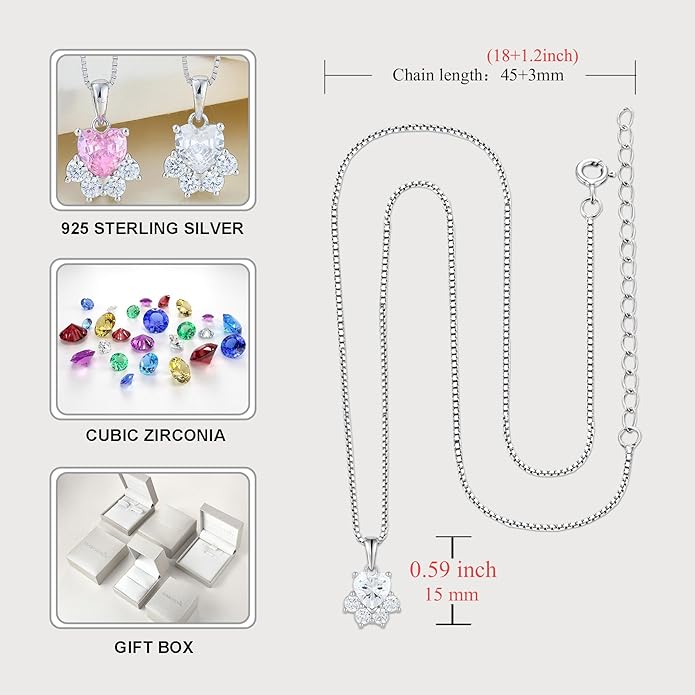 STARCHENIE Puppy Dog Necklace for Women 925 Sterling Silver Cat Pet Paw Print Pendant Birthstone Jewelry