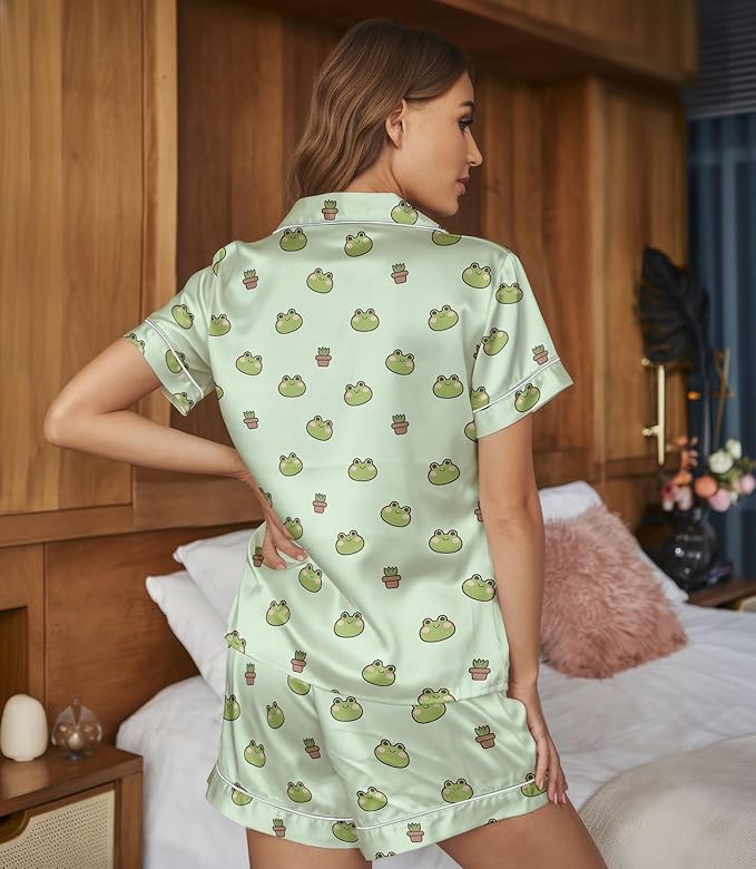 Women’s Silk Satin Pajama Set, Short Sleeve Button Down 2 Piece PJs with Shorts, Cozy Loungewear & Matching Holiday Pajamas