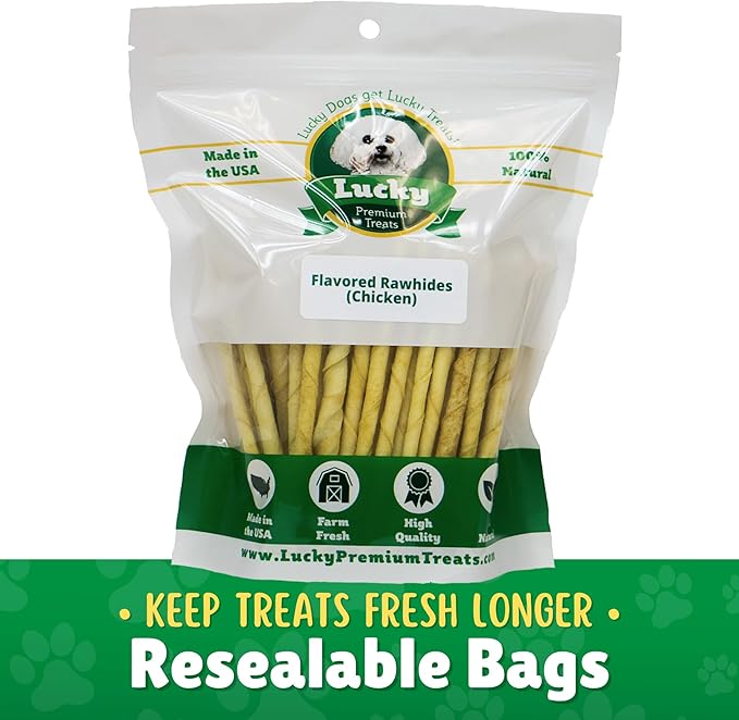 Chicken Basted Rawhide Twist Sticks Dog Treats – 60ct. Premium Rawhide Chew Sticks – Long Lasting Chicken Flavored Chews for Small Dogs Made in USA with Natural Beef Hide