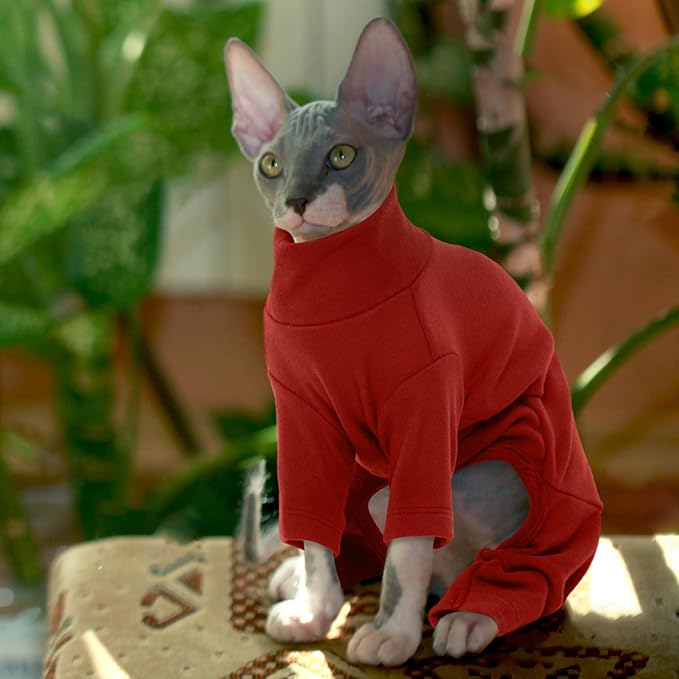 ROZKITCH Hairless Cat Clothes, Breathable Soft Cat Jumpers for Cats Only, Cat Coat with Four Legs, Warm Cat Sweater Cat T-Shirt Cat Pajamas Jumpsuit Vest Cornish Rex Devon Rex Peterbald Red L
