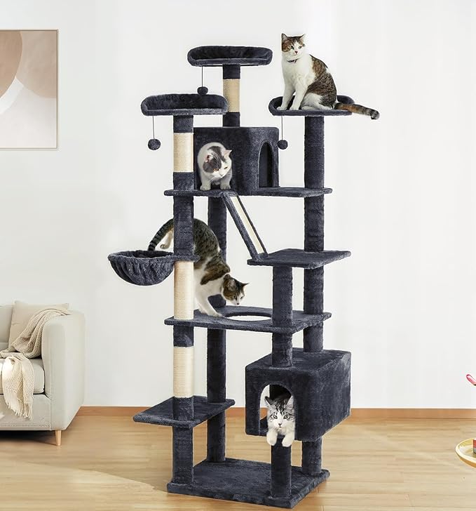 Made4Pets Tall Cat Tree, 80" Cat Tree Tower for Indoor Cats Large Adult, Modern Cat Tower with Scratching Post, Cozy Hammock, 3 Perches and 2 Condos, Sturdy and Fluffy, Dark Gray