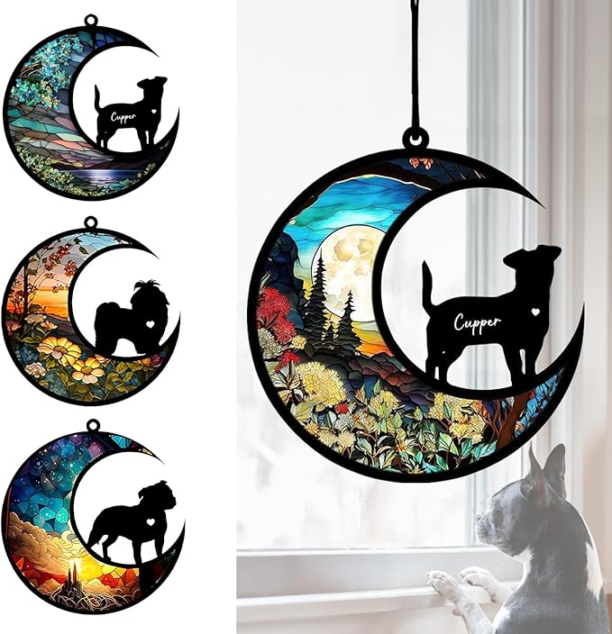 Dog Memorial Suncatcher, Personalized Pet Breeds with Name Date, Stained Glass Light Catcher, Dog Memorials & Funerary Gifts