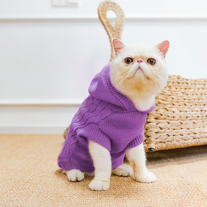 PUPTECK Winter Dog Cat Sweater Coat - Soft Cold Weather Clothes Knitwear for Kitties & Small Dogs Indoor Outdoor Walking Warm, Knitted Classic for Doggies Kitties Girls Boys, Purple M