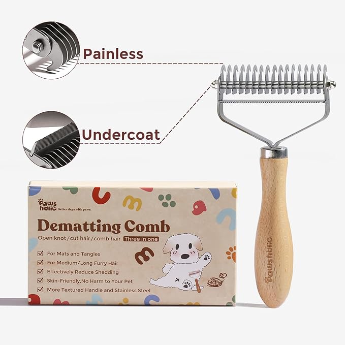3-in-1 Professional Pet Shedding Dematting Comb - Deshedding Undercoat Rake for Dogs with Stainless Steel Blades Metal Pet Brush with Wood Handle Matted Hair Detangling Thinning and Shedding