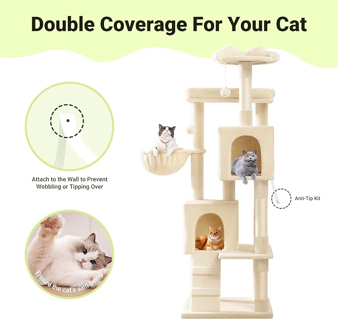 Allewie 64 Inches Cat Tree Tower/Multi-Level Activity Center for Indoor Big Felines/2 Plush Condos/2 Perchs/Basket/House/Sisal Scratching Posts/Hanging Cat Toys/Beige