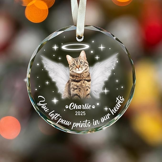 Personalized Cat Memorial Ornament, Pet Loss, Angel Keepsake for Cat Lovers, Custom Photo Glass Ornament – You Left Paw Prints in Our Hearts