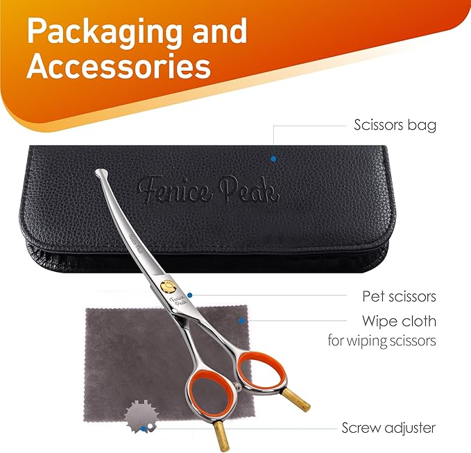 Fenice Peak 5'' Small Curved Scissors Lightweight Dog Cat Grooming Scissors with Safety Round Tip JP440C Stainless Steel Sharp Blades for Body Facial Nose Ear and Paw Hair Easy Use