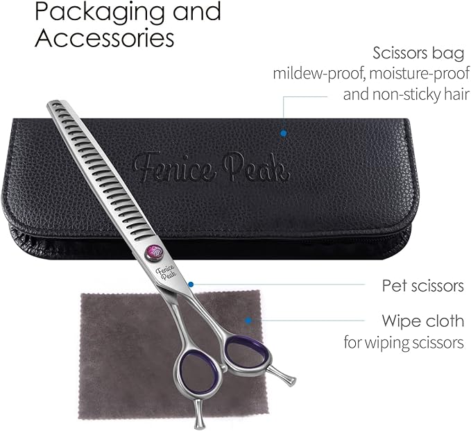 Fenice Peak 7'' Chunker Dog Grooming Scissors with Purple Finger Rings and Flashing Screw Professional 440C Stainless Steel Natural Color Pet Thinning Shears with Offset Handle Durable and Sharp