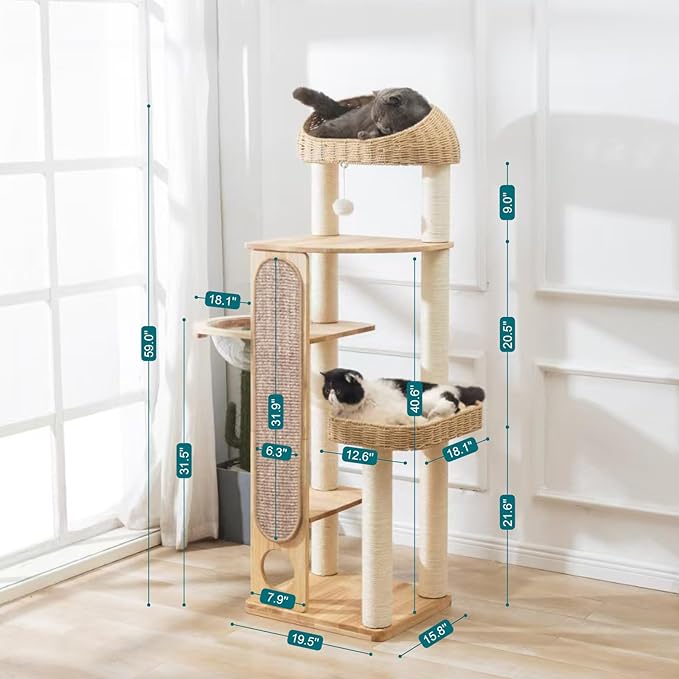 59-inch Cat Tree,Cat Tower with Scratching Post,Extra Long Sisal Blanket, Handwoven Basket & Space Capsule Nest