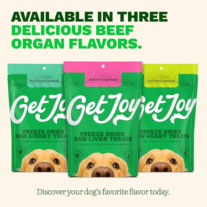 Get Joy Freeze Dried Superfood 100% Beef Heart, Kidney, Liver Dog Treats Variety Pack, 4 Ounce (Pack of 3), Single Ingredient Organ Meat, High Protein, Grain Free, Gluten Free, Made in USA