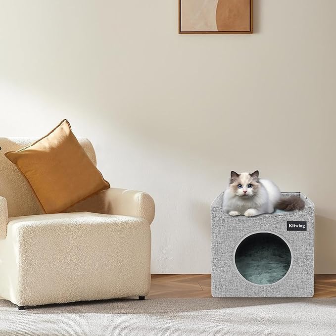 Cat Bed for Indoor Cats, Foldable Cat Hideaway Double Decker Cat House with Scratch Plate, Removable Cat Stuff and Washable Cat Cave for 1-2 Cats, 15.4x15.4x12.8 inches, Grey
