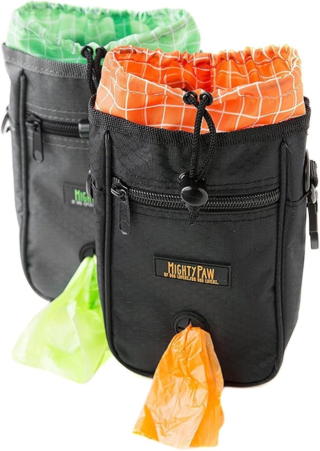 Mighty Paw Dog Treat Bag - Drawstring Closure Pouch - Includes Carabiner Hook and Pick-up Bags - Dog Paw Treat Bag - Pet Training Pouch - (Grey/Green)