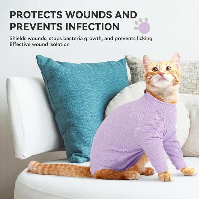 Cat Neuter Surgery Recovery Suit Male, Anti-Licking Cats Spay Recovery Suit Female, Long Sleeve Prevent Shedding Body Suit Post Surgery, Breathable Cone & E Colla Alternative Cat Apparel(Purple, L)
