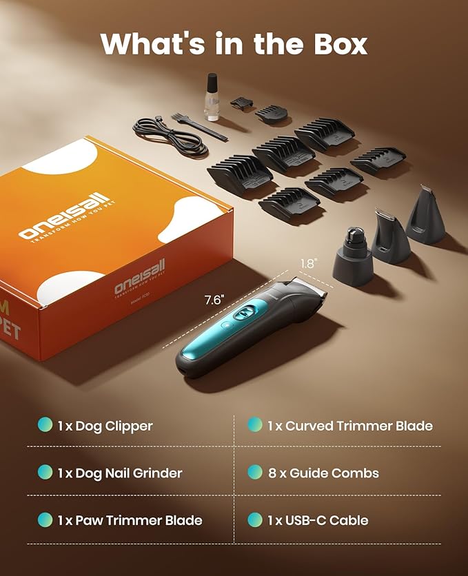 oneisall Quiet Dog Clippers for Grooming LED Light, Cordless Dog Grooming Kit 4 in 1, 2000mAh Pet Clippers Paw Trimmer Nail Grinder for Paw, Nail, Face, Ears, Legs, Body