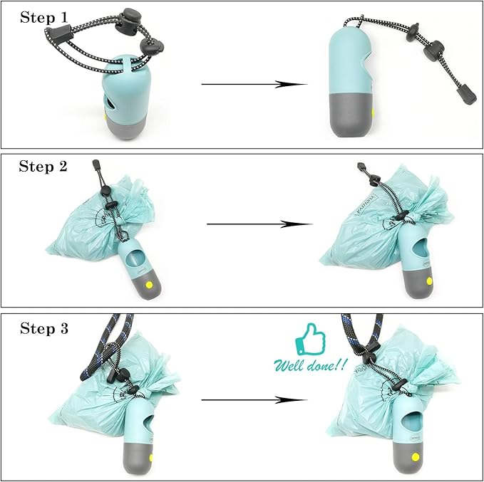 Dog Poop Bags Holder with LED Flashlight|Pet Waste Bags Dispenser for Leash|Doggie Potty Bags Container with Leak-proof Pet Trash Bags and Accessories (2 Holders 30 Bags, Crystal Blue)