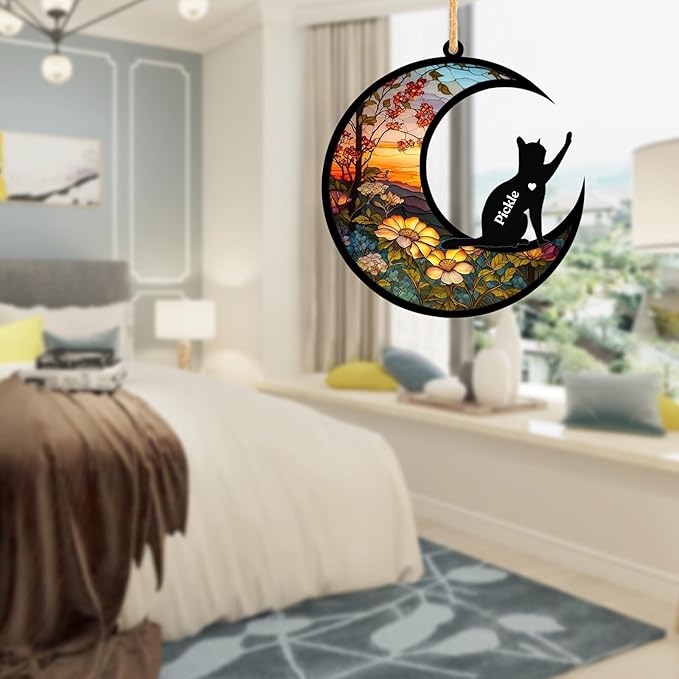 Cat Memorial Suncatcher, Personalized Pet Breeds Suncatcher with Name Date, Pet Loss Suncatcher, Stained Glass Light Catcher, Cat Memorials & funerary, Gifts for Pet Loss (Cat Pattern)