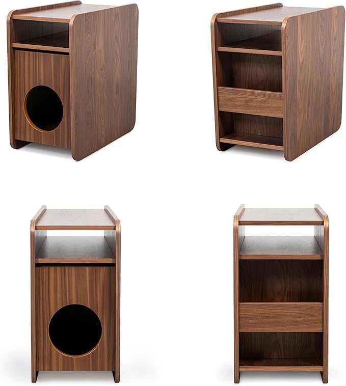 WERMO 12'' Cat Hideaway Side Table - Cat House for Indoor Cats and Enclosed Bed Cave and Hideout for Small Pets with Magazine Holder & Storage Doubling as Narrow End Table, Wood Night Stand (Walnut)