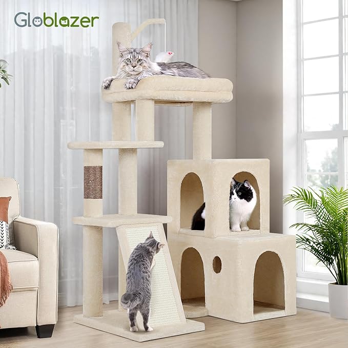 Globlazer F50 Cat Tower for Adult Indoor Cats, 50-inch Heavy Duty Cat Tree for Big Cats, Cat Tree House with Extra-Large Padded Platform, Sisal Scratching Board, 2 Large Condos, Beige