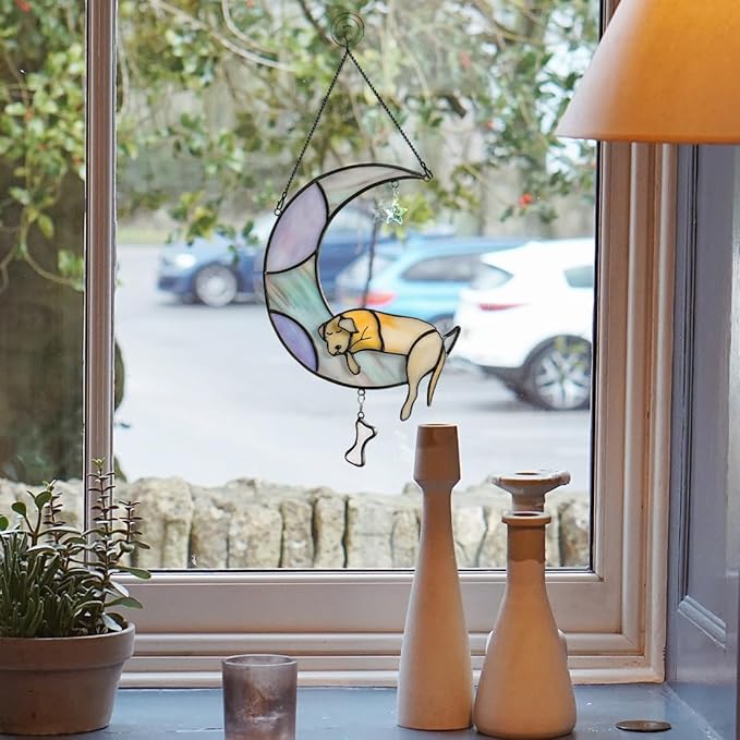 BOXCASA Dog Memorial Gifts Stained Glass Window Hangings,Dog on Moon Rainbow Bridge Decor Suncatchers,Dogs Bereavement Gifts for Loss of Pet,Loss of Pet Sympathy Gift for Pet Lover