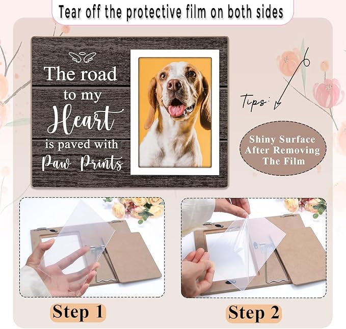 Pet Picture Frame, Pet Wooden Photo Frames Gift, Gifts for Dog Dad Mom, Dog Lovers Gift, Picture Frame for Dogs Cat Pets that Passed, The Road To My Heart Is Paved With Paw Prints, 4x6Inch Photo