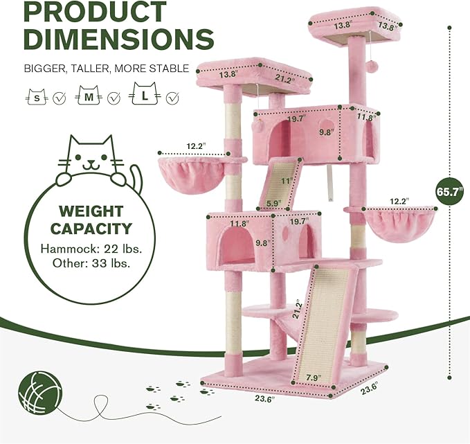 MUTICOR 66 Inches Multi-Level Large Cat Tree Tower for Indoor Big Feline/Cozy Plush Perches/Condo/Sisal Scratching Posts/Hammock and Baskets/Activity Center Play House/Wide Base/Pink