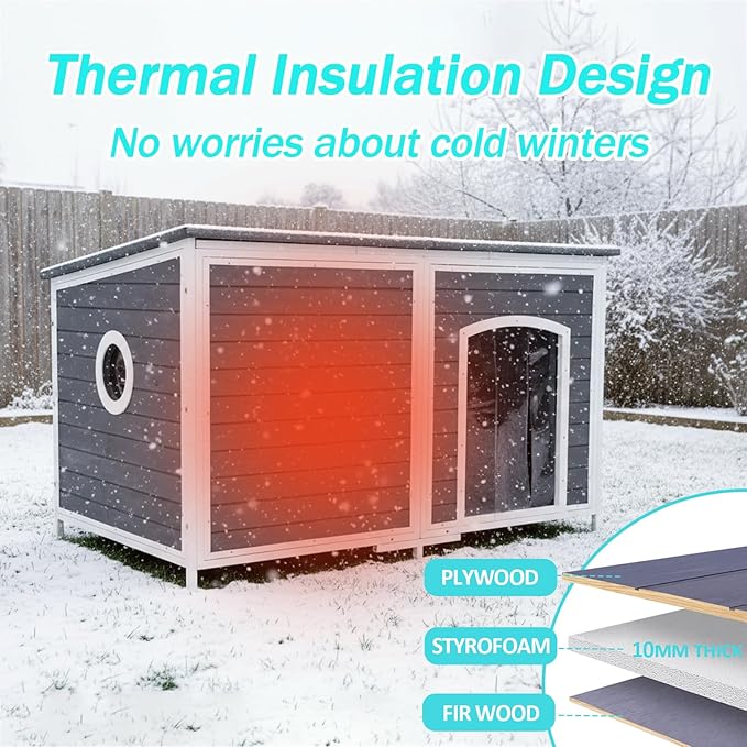 Geguri All-Weather Dog House for Medium to Large Dogs | Weatherproof Asphalt Roof, Chew-Proof Frame, Elevated Base, Extra Large (Grey, 59.1" L × 34.3" W × 34.6" H)