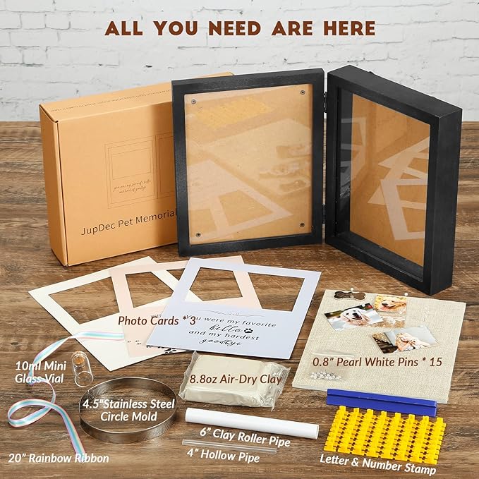 JupDec Dog Memorial Gifts Pet Shadow Box Wooden Picture Frame with Clay Paw Print Kit for Loss of Dog & Cat Remembrance Sympathy Deep Display Case for Keepsake Collar Hair (Black)