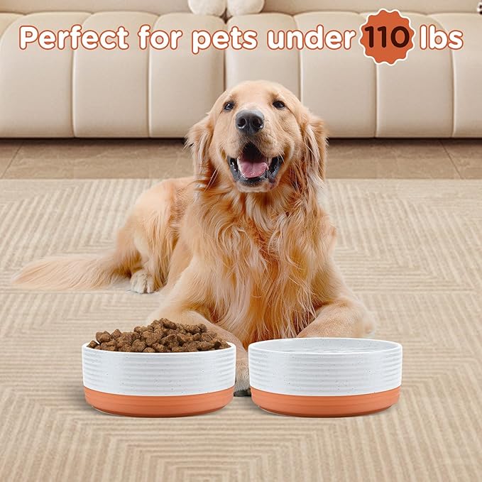 SPUNKYJUNKY Ceramic Dog Bowls 2 Pack, 8.3'' Dog Food Water Double Feeding Bowls Non-Slip for Large Sized Breed Microwave Dishwasher Safe - 60 OZ, 2pcs, Pattern White